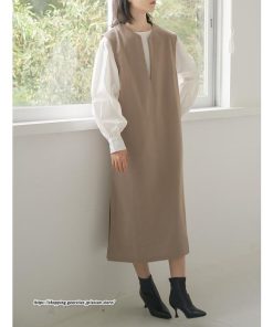 マキシ | ベストワンピース ラシャベスト ラシャワンピース ロング丈 ノースリーブ 袖なし レディース ロングベスト ワンピース 無地 大人 ラシャ スリット ポケット