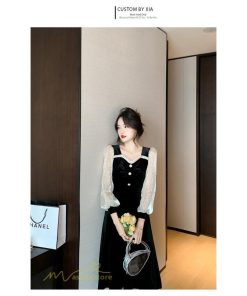 ミディアム | Aラインワンピース 秋コーデ レディース 長袖 切り替え ビロード 膝丈ワンピース 美ライン シルエット 無地 黒ワンピース オフィス フォーマル 大人 お呼ばれ