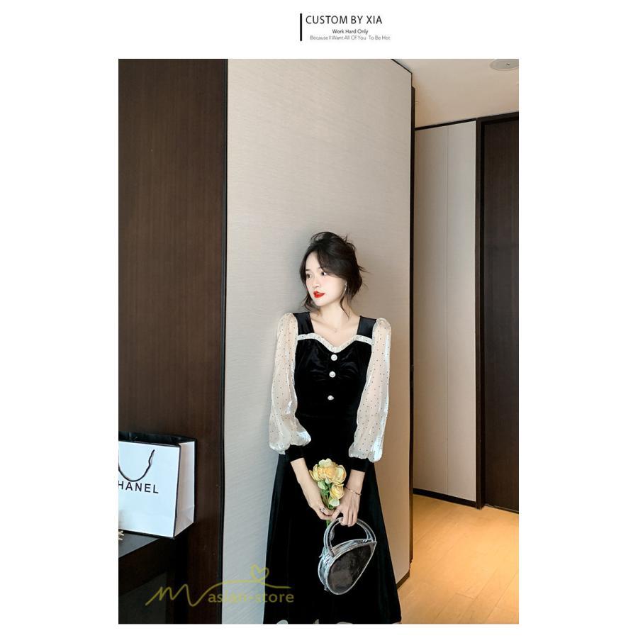 ミディアム | Aラインワンピース 秋コーデ レディース 長袖 切り替え ビロード 膝丈ワンピース 美ライン シルエット 無地 黒ワンピース オフィス フォーマル 大人 お呼ばれ