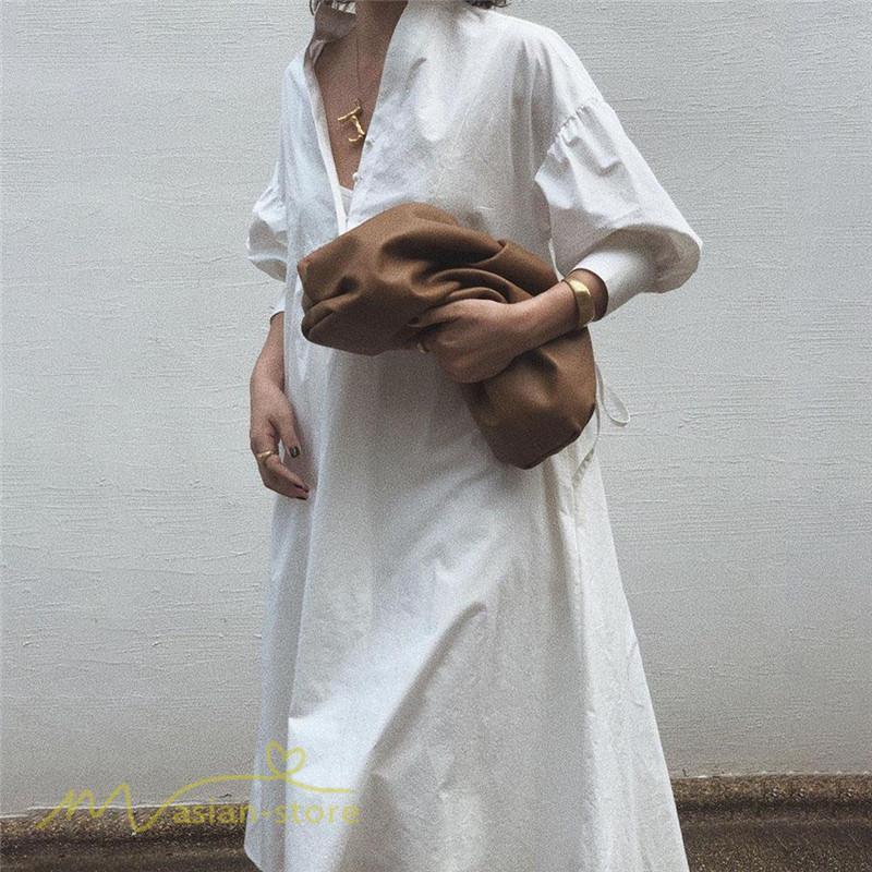 マキシ | サマーワンピース レディース 着痩せ 無地 Vネック 7分袖 コットン ゆるワンピース ゆったり ロングワンピース 夏服 ワンピース 夏 きれいめ トレンド ロング丈