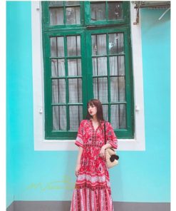 マキシ | 夏ワンピース ロングワンピース フレアワンピース 五分袖 落ち感 涼しい Vネック 大人 可愛い 旅行 パーティードレス お呼ばれワンピース 30代40代 ビーチ