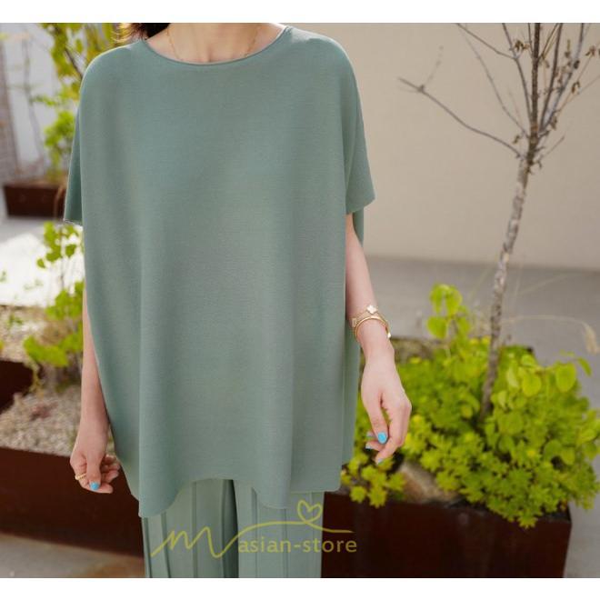 送料無料SALE | セットアップ ニット トップス パンツ ストレッチ 涼感 夏ニット 半袖 九分丈 ウエストゴム レディース 2点セット ゆったり Vネック 無地 30代40代 上品