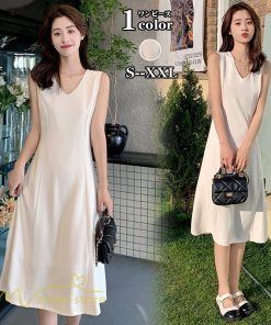 ミディアム | ワンピース レディース ノースリーブ 着痩せ 春 夏 新作 無地 きれいめ サマーワンピース 20代 30代 40代 Vネック エレガント 韓国風 上品 通学 通勤 大人