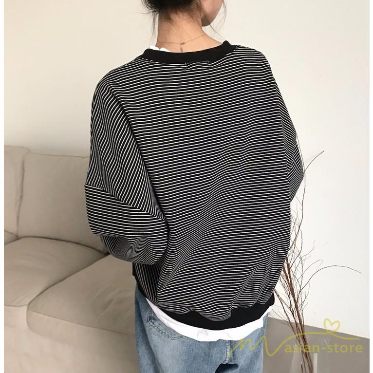 パーカー | フェイクレイヤード風トレーナー レディース ゆったりシルエット 切替 長袖 トップス フードなしボーダー ロングTシャツ サイドスリット入れ