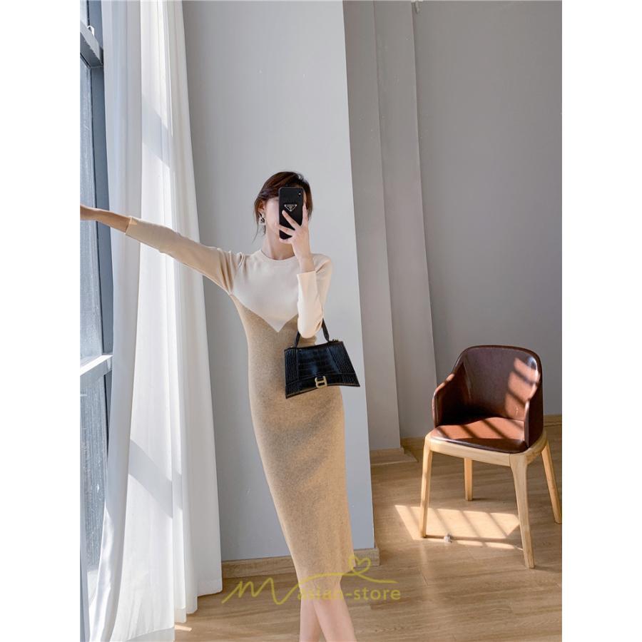 ニットワンピース | ワンピース 秋 秋服 レディース ニット ロングワンピース ロング 長袖 冬 冬服 タイト 切り替え 着痩せ お出かけ 韓国風 20代30代40代50代 通勤 2022新作