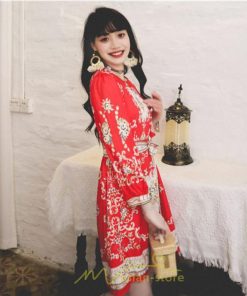 ミニ丈 | ワンピース 長袖 膝上 ひざ上 夏 秋 きれいめ レディース 大人 カジュアル かわいい 上品 リゾート お出かけ ワンピ 小柄 赤 黒 花柄 低身長 二色展開