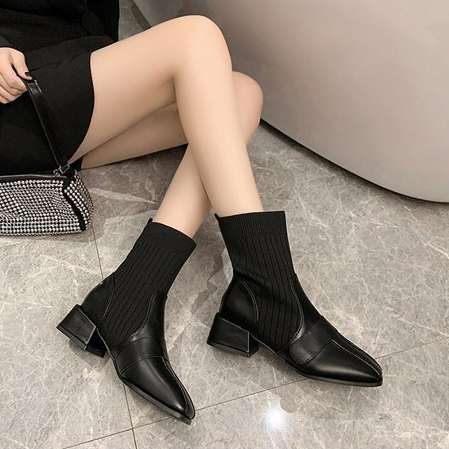 ショートブーツ | ソックス風ブーツ チャンキーヒール 痛くない 歩きやすい 美脚ブーツ ストレッチブーツ ハイカット レディース