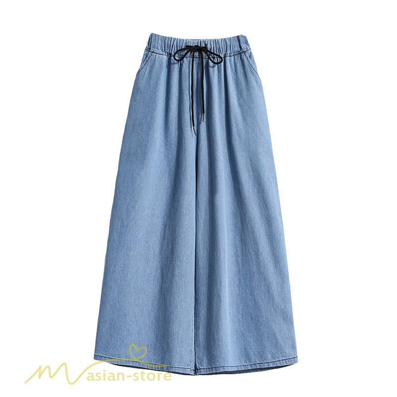 ジーンズ、デニム | ワイドパンツ レディース ガウチョパンツ デニム ゆったり デニムパンツ ジーンズ ジーパン 薄手 春秋コーデ 大きいサイズ ひも付き 女性着 日常感 上品 着回し