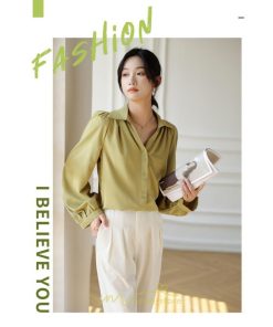 シャツ・ブラウス | ブラウス レディース シャツ トップス Vネック 長袖シャツ 無地 オフィス カジュアル おしゃれ 秋 冬 コーデ 高級感 シフォン エレガント 緑 白 通勤