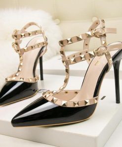 サンダル | ハイヒール キャバパンプス レディース パーティー アンクルストラップ結婚式靴 スタッズpumpsポインテッドトゥ サンダルパンプス