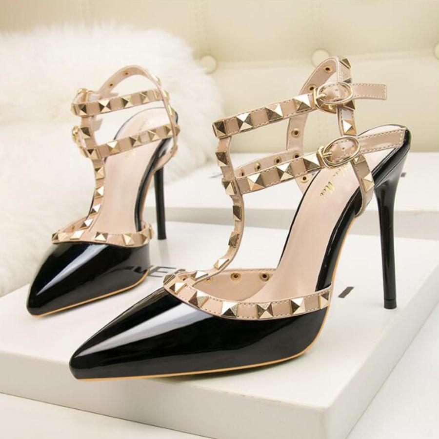 サンダル | ハイヒール キャバパンプス レディース パーティー アンクルストラップ結婚式靴 スタッズpumpsポインテッドトゥ サンダルパンプス