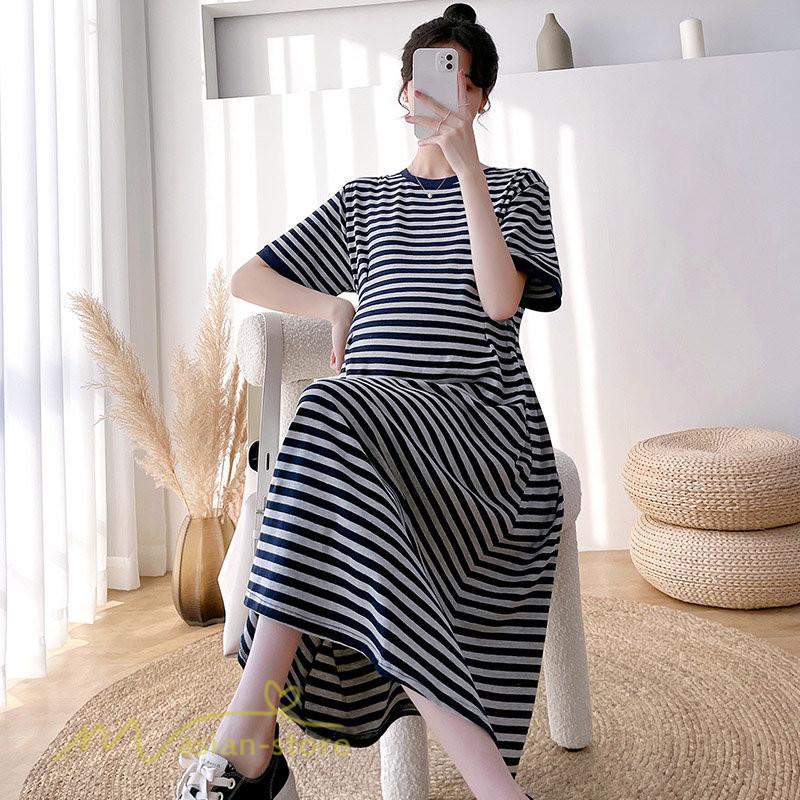 ワンピース | マタニティレディース ストライプ 着痩せ ゆる妊婦服 夏 サマーママ着 大きいサイズ 産前産後 上品 シンプル 大きいサイズ