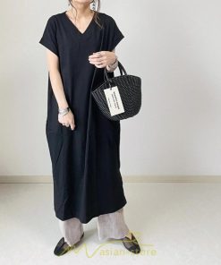 マキシ | 夏ワンピース 半袖ワンピース ロングワンピース 半袖 夏服 レディース 無地 サイドスリット Vネック 大きい ゆったり 白 黒 50代 30代40代 ポケット 可愛い