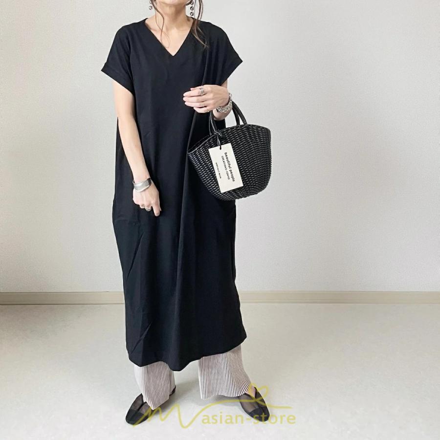 マキシ | 夏ワンピース 半袖ワンピース ロングワンピース 半袖 夏服 レディース 無地 サイドスリット Vネック 大きい ゆったり 白 黒 50代 30代40代 ポケット 可愛い