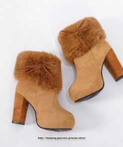 ブーツ | ショートレディース ハイヒール 10cmヒール 厚底 冬用 保温防寒 スエード調 ファー 靴 冬靴 太めヒール シューズ サイドジッパー 痛くない