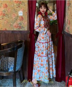 マキシ | ワンピース 七分袖 レディース 夏服  秋服 ロングワンピース マキシ丈 Vネック 民族風 エスニック風 体型カバー カジュアル お洒落 レトロ ハイウエスト