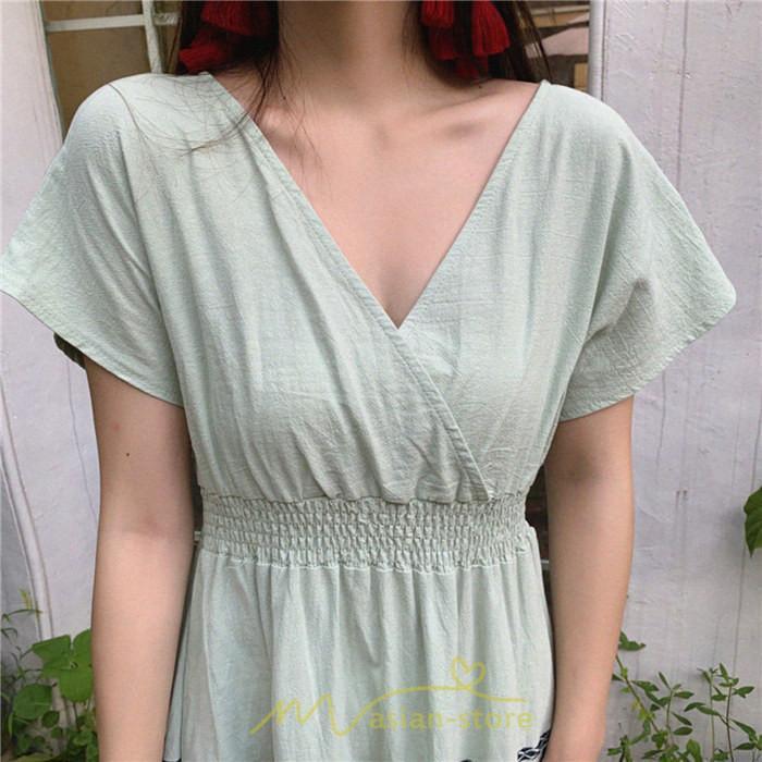 マキシ | ワンピース エスニック 綿麻 エスニックファッション 春ワンピ 夏ワンピ コットン リネン かわいい おしゃれ ハイウエスト バカンス 刺繍 Vネック リゾート 旅行