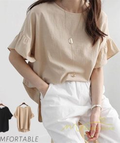 送料無料SALE | Tシャツ レディース 綿麻 ロングｔ 無地 トップス 可愛い フレア袖 ｔシャツ 半袖 ティー 丸ネック 女っぽい シンプル 30代40代 プルオーバー カジュアル 大人