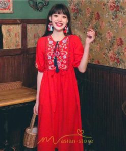 マキシ | ワンピース レディース 刺繍 綿麻 レトロ調 インスタ映え ナチュラル エスニック風 民族風 ボヘミアン 柔らかい SNS映え リゾート 赤 黄色 撮影 白