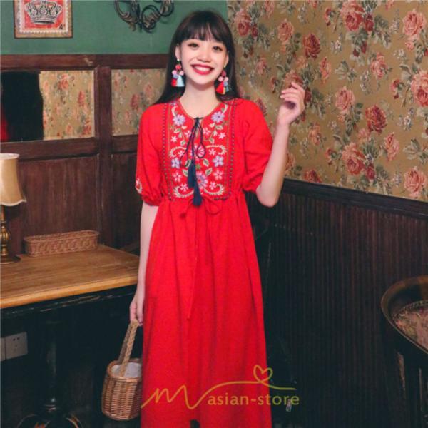 マキシ | ワンピース レディース 刺繍 綿麻 レトロ調 インスタ映え ナチュラル エスニック風 民族風 ボヘミアン 柔らかい SNS映え リゾート 赤 黄色 撮影 白