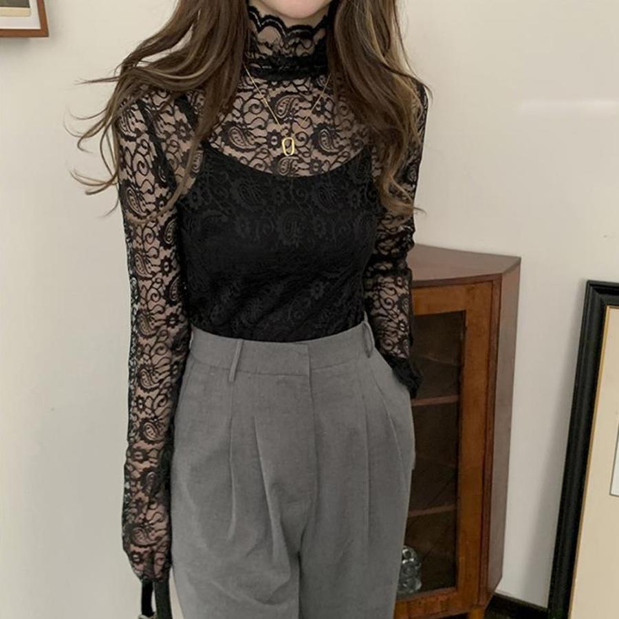 透かし編みトップス | トップス 総レース ハイネック カットソー インナー ペイズリー柄 レディース ブラウス シースルー セクシー おしゃれ