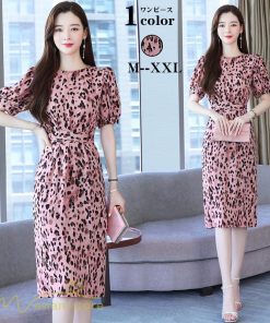 ミディアム | ワンピース レディース 着痩せ サマーワンピース 上品 カジュアルワンピース 上品 大きいサイズ 夏服 レオパード 20代 40代 30代 ミディアムワンピース 膝丈