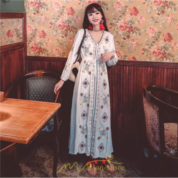 マキシ | ワンピース 長袖 レディース ロング丈 マキシ丈 綿麻 コットン リネン Aライン ゆったり 体型カバー 大人 可愛い 海外旅行 秋 夏 エスニック ナチュラル 春