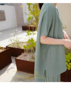 送料無料SALE | セットアップ ニット トップス パンツ ストレッチ 涼感 夏ニット 半袖 九分丈 ウエストゴム レディース 2点セット ゆったり Vネック 無地 30代40代 上品