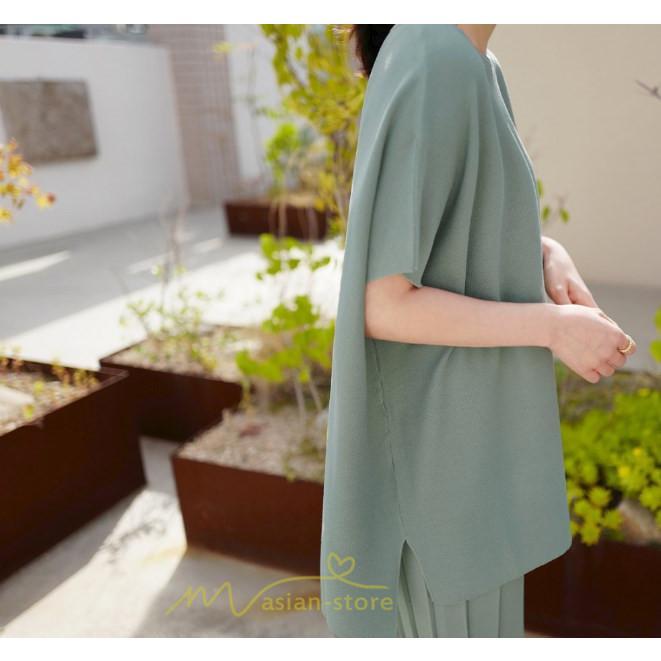 送料無料SALE | セットアップ ニット トップス パンツ ストレッチ 涼感 夏ニット 半袖 九分丈 ウエストゴム レディース 2点セット ゆったり Vネック 無地 30代40代 上品