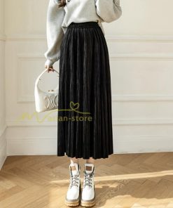 スカート | プリーツロングミモレ丈 ビロードAラインウエストゴム ハイウエスト 秋冬 無地 ゆったり 通学通勤 大人