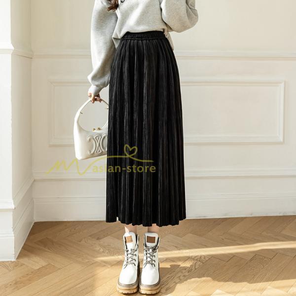 スカート | プリーツロングミモレ丈 ビロードAラインウエストゴム ハイウエスト 秋冬 無地 ゆったり 通学通勤 大人