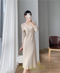 ニットワンピース | 二ットワンピース レディース ニットワンピ Vネック 長袖 トップス チュニック ロング丈 ミモレ丈 着痩せ 秋 冬 コーデ 20代30代40代 フェミニン 上品 大人