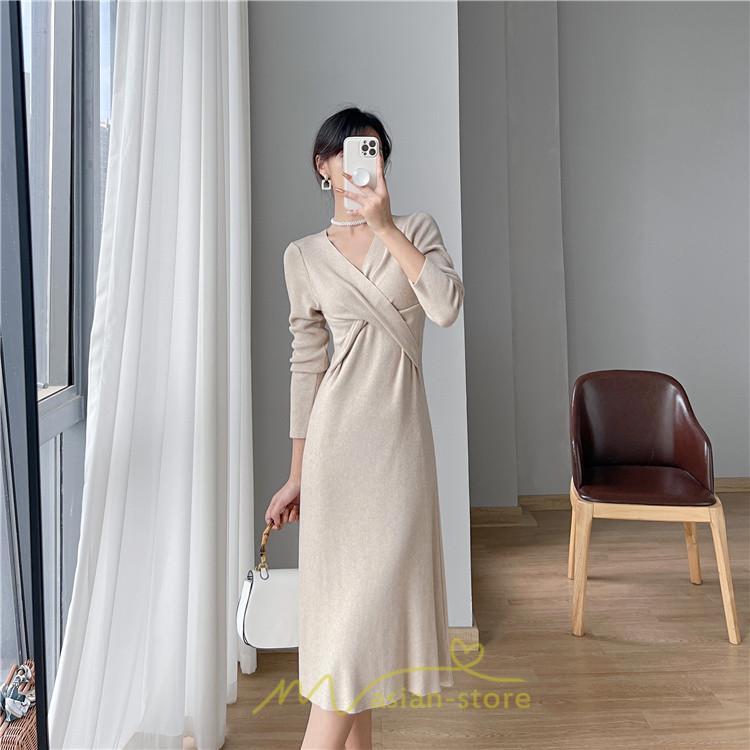 ニットワンピース | 二ットワンピース レディース ニットワンピ Vネック 長袖 トップス チュニック ロング丈 ミモレ丈 着痩せ 秋 冬 コーデ 20代30代40代 フェミニン 上品 大人