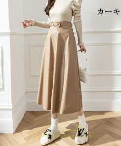 スカート | レザーフレアロング レディース ベルト付き ボトムス ロングAライン ミモレ丈 かっこいい 着痩せ キレイめ スリット