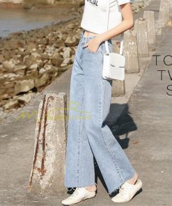 ジーンズ、デニム | デニムパンツ 裾フリンジ スタイリッシュ ハイウエスト ストレートパンツ デイリーコーデ ワイドパンツ 夏コーデ 2020新制作 シングルブレスト マキシ丈パンツ