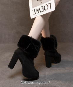 ブーツ | ショートレディース 10cmハイヒール ファー 冬用 保温防寒 太めヒール サイドジッパー スエード調 痛くない 冬靴 オシャレ 歩きやすい 痛くない