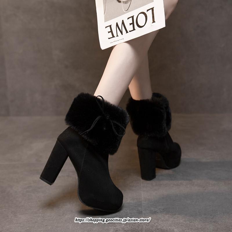 ブーツ | ショートレディース 10cmハイヒール ファー 冬用 保温防寒 太めヒール サイドジッパー スエード調 痛くない 冬靴 オシャレ 歩きやすい 痛くない