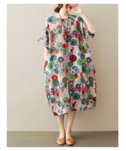 ミディアム | ミディアムワンピース レディース 膝丈 ゆるワンピース 花柄 きれいめ フリーサイズ ゆったり 半袖 麻 綿 リネン 女性着 きれいめ コットン クルーネック 着回し