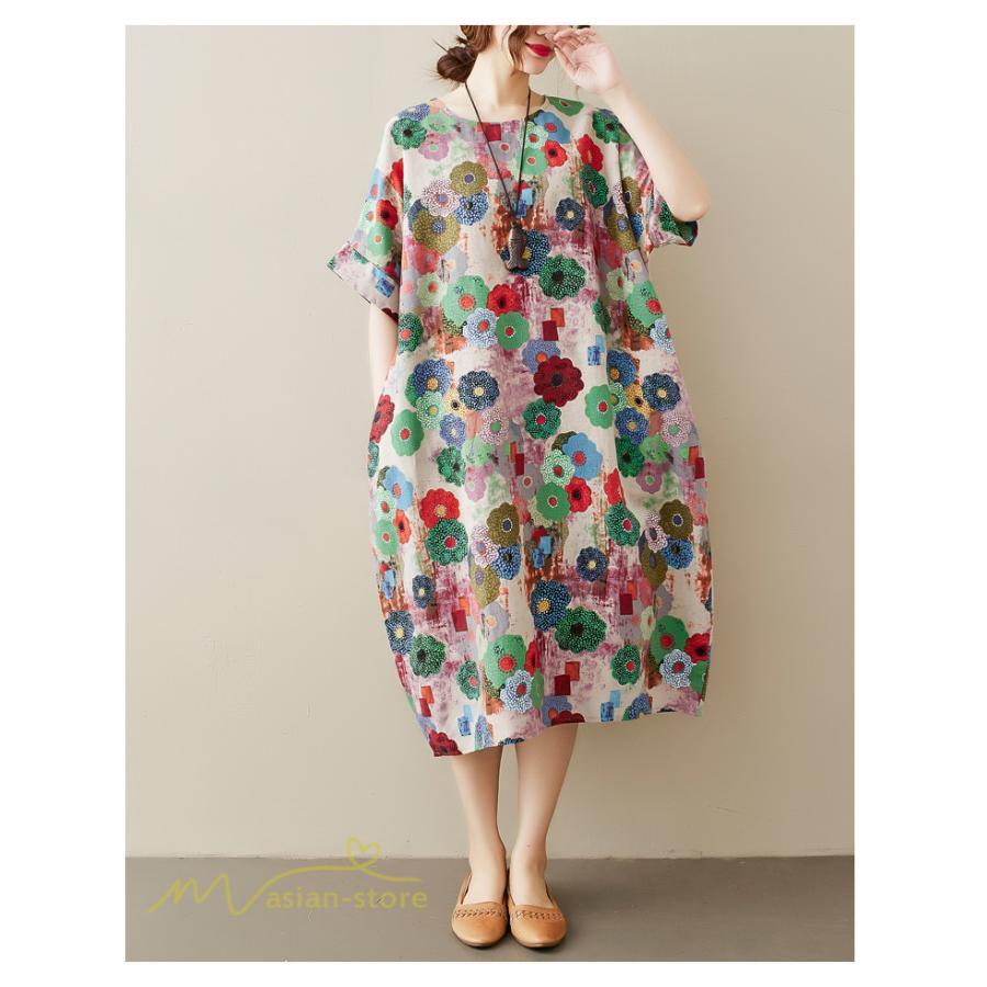 ミディアム | ミディアムワンピース レディース 膝丈 ゆるワンピース 花柄 きれいめ フリーサイズ ゆったり 半袖 麻 綿 リネン 女性着 きれいめ コットン クルーネック 着回し
