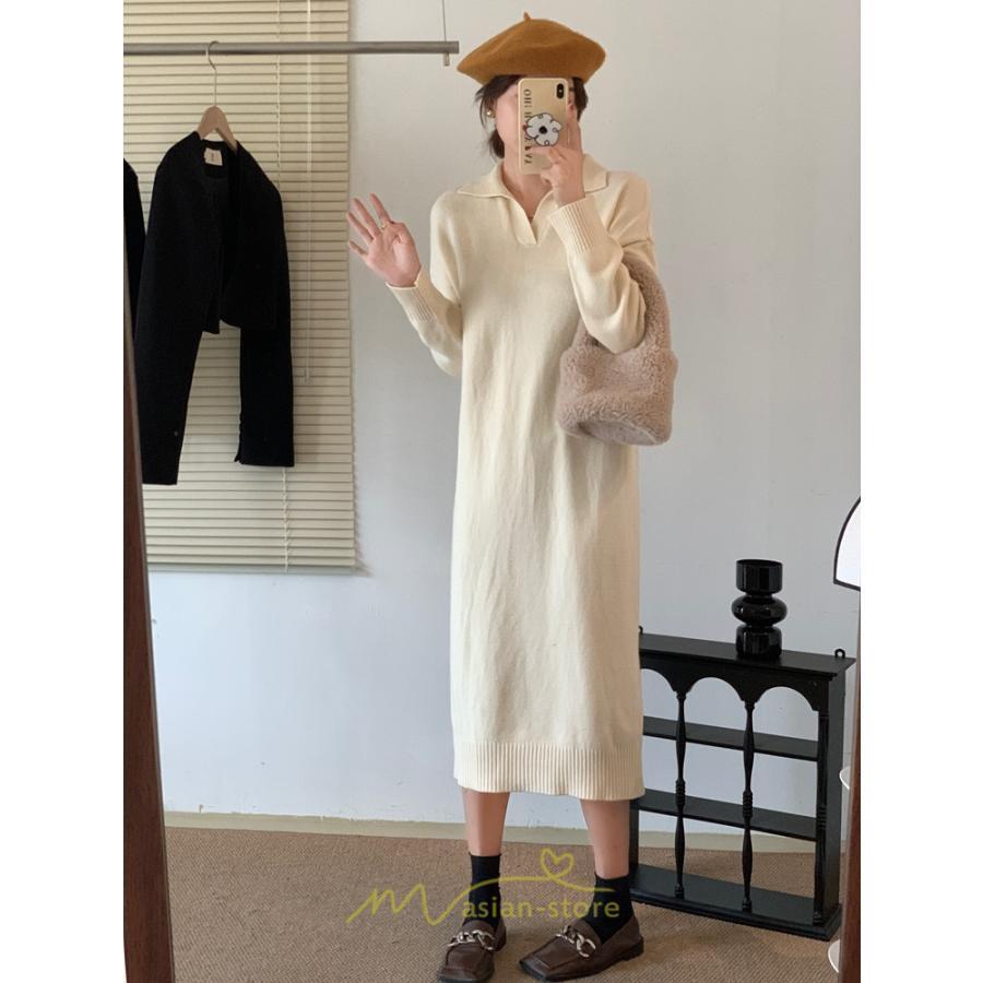 ニットワンピース | ワンピース 春 春服 レディース 長袖 ゆったり vネック 着痩せ 可愛い おしゃれ 大人フェミニン 女子会 通勤 デート お出かけ 秋冬