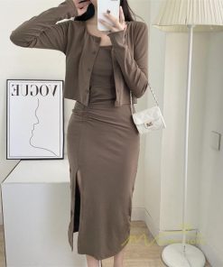 ミディアム | ワンピース タイトワンピース カーディガン セットアップ 2点セット セクシー 膝丈 スリット パーティー キャミソールワンピース スリム 無地 大人 美ライン