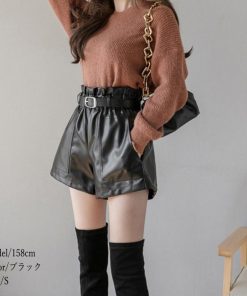 ショートパンツ | ワイド秋冬 レディース PUレザー キュロットパンツ ベルト付き ハイウエスト ウエストゴム