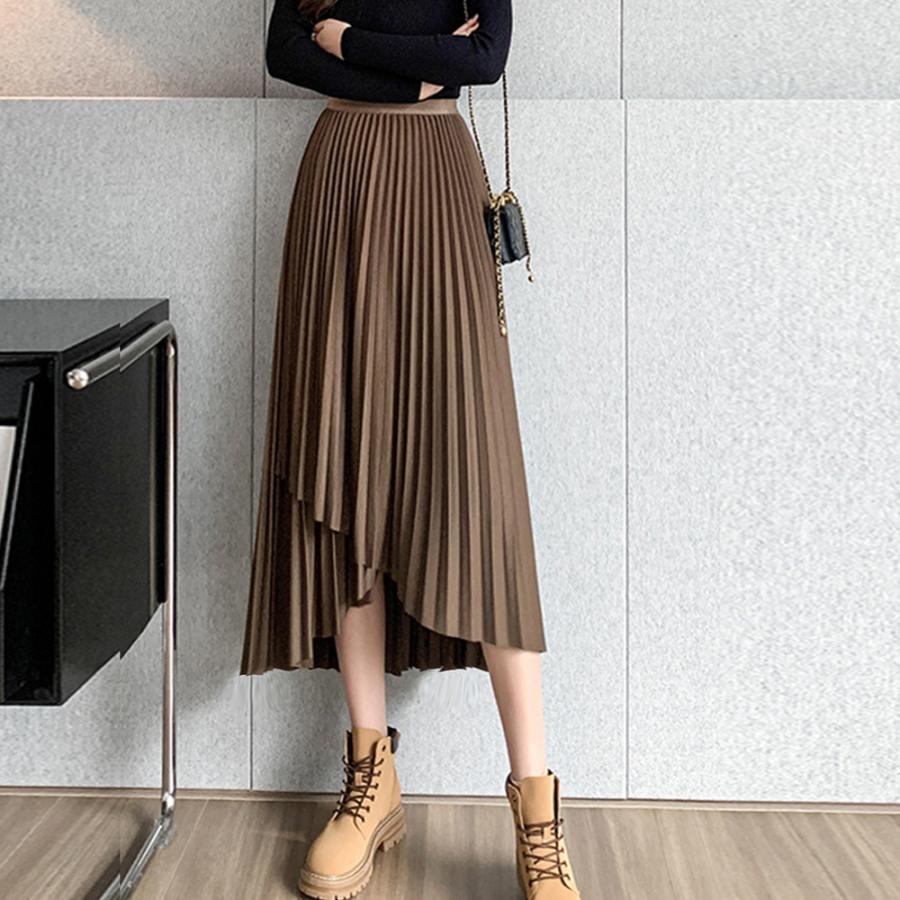 ロングスカート | 不規則裾 プリーツスカート ハイウエスト