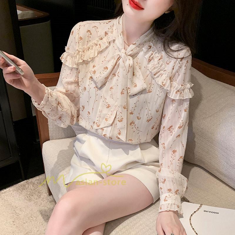 シャツ・ブラウス | ブラウス トップス シャツ レディース シフォン 無地 長袖シャツ ファッション カジュアル エレガント 細身 優雅 通勤 花柄 新作 リボン付き 上品 オシャレ OL