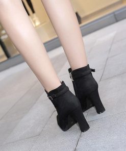 ショートブーツ | レディース スエードブーティ 裏起毛 ポインテッドトゥ 太ヒール 靴