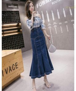 スカート | デニムマーメイド ハイウエスト デイリーコーデ フェミニン ボトムス ロング丈 タイトプリーツフレア フリルスタイリッシュ