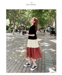 ミディアム | フレアワンピース 半袖 夏物 レディース ロングワンピース ミモレ丈 ギャザー Aラインワンピース 揺れる 大人 切り替え 20代30代 可愛い