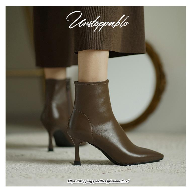 ブーツ | ショートブーティー ハイヒール レディース 可愛い おしゃれ 靴 美脚 脚長 通勤 秋 冬 サイドジッパー パンプス 大人 ピンヒール 高級感