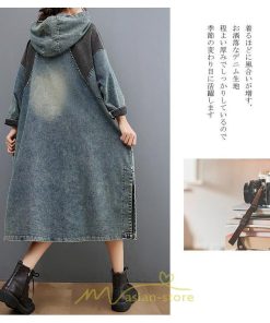 デニムワンピース | ワンピース デニム レディース 40代 ロング チュニック 長袖 ゆったり 体型カバー フード付き ポケット 切り替え 大きいサイズ