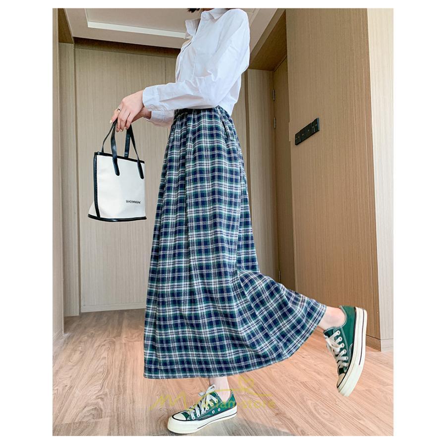 スカート | チェックロングウエストゴム チェック柄 大人 ハイウエスト Aライン30代40代50代 通学通勤 可愛い スカート ゆったり
